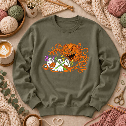 Spooky Pumpkin Yarn Monster Ghosts Long Sleeve - Military Green