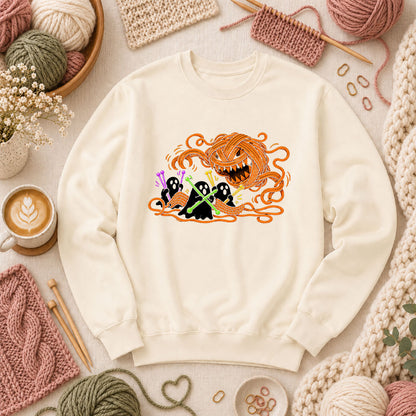 Spooky Pumpkin Yarn Monster Ghosts Long Sleeve - Natural