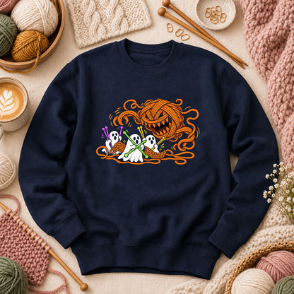 Spooky Pumpkin Yarn Monster Ghosts Long Sleeve - Navy