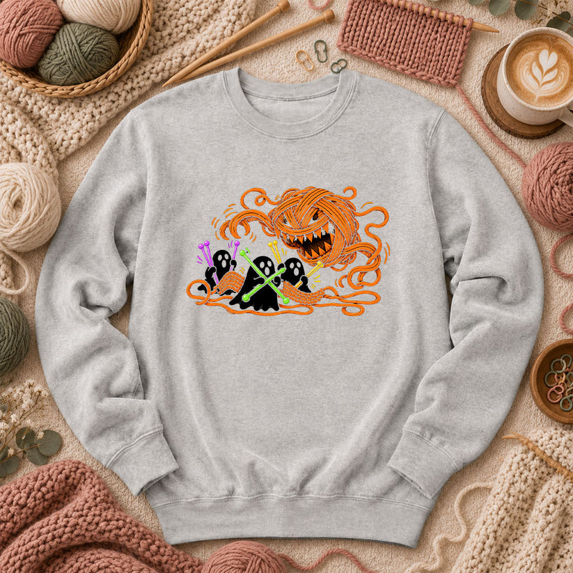 Spooky Pumpkin Yarn Monster Ghosts Long Sleeve - Sport Grey