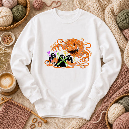 Spooky Pumpkin Yarn Monster Ghosts Long Sleeve - White