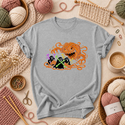 Spooky Pumpkin Yarn Monster Ghosts T-Shirt - Athletic Heather