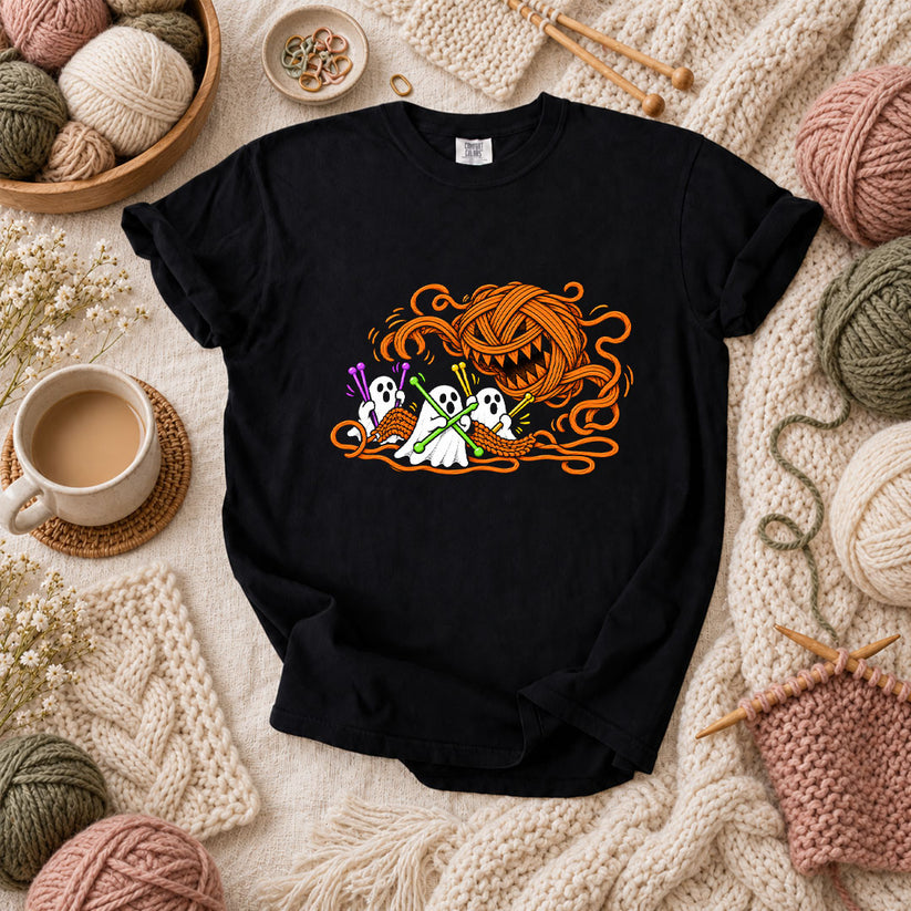 Spooky Pumpkin Yarn Monster Ghosts T-Shirt - Black