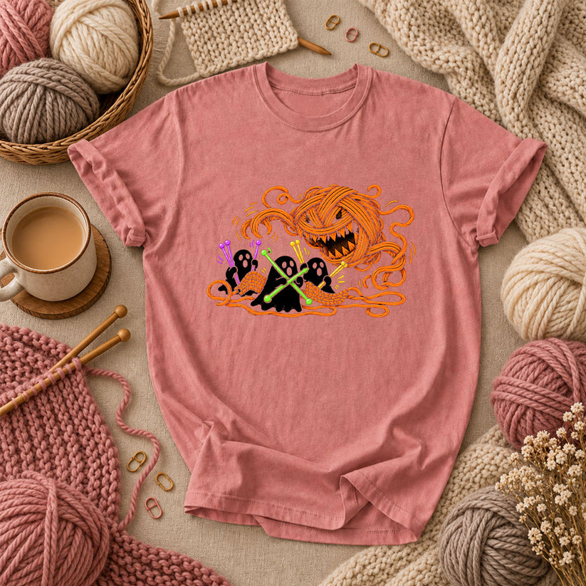 Spooky Pumpkin Yarn Monster Ghosts T-Shirt - Heather Mauve