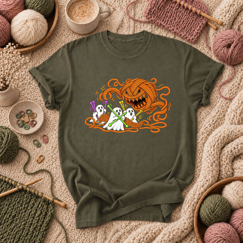 Spooky Pumpkin Yarn Monster Ghosts T-Shirt - Military Green
