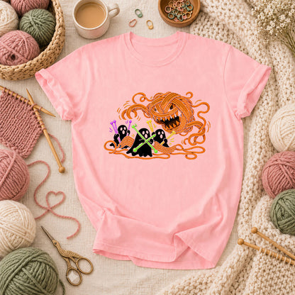 Spooky Pumpkin Yarn Monster Ghosts T-Shirt - Pink