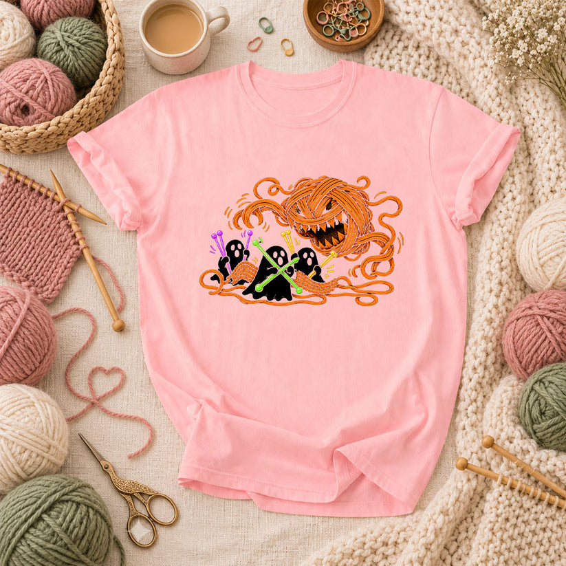 Spooky Pumpkin Yarn Monster Ghosts T-Shirt - Pink