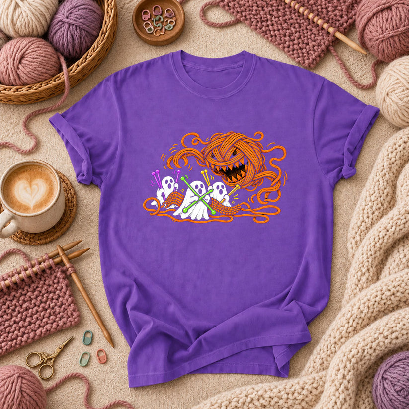 Spooky Pumpkin Yarn Monster Ghosts T-Shirt - Purple