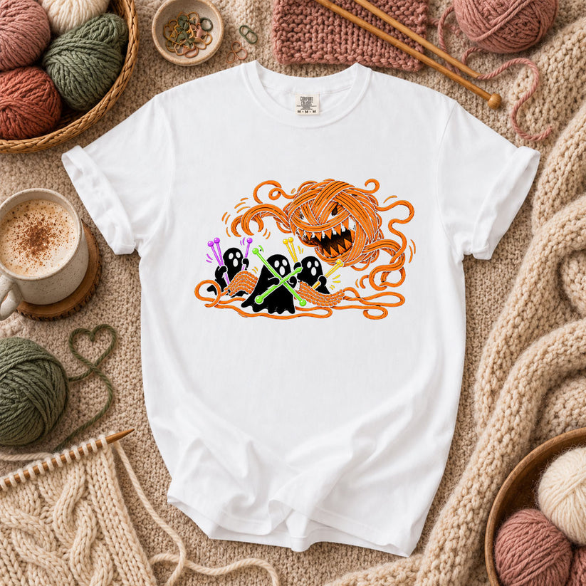 Spooky Pumpkin Yarn Monster Ghosts T-Shirt - White