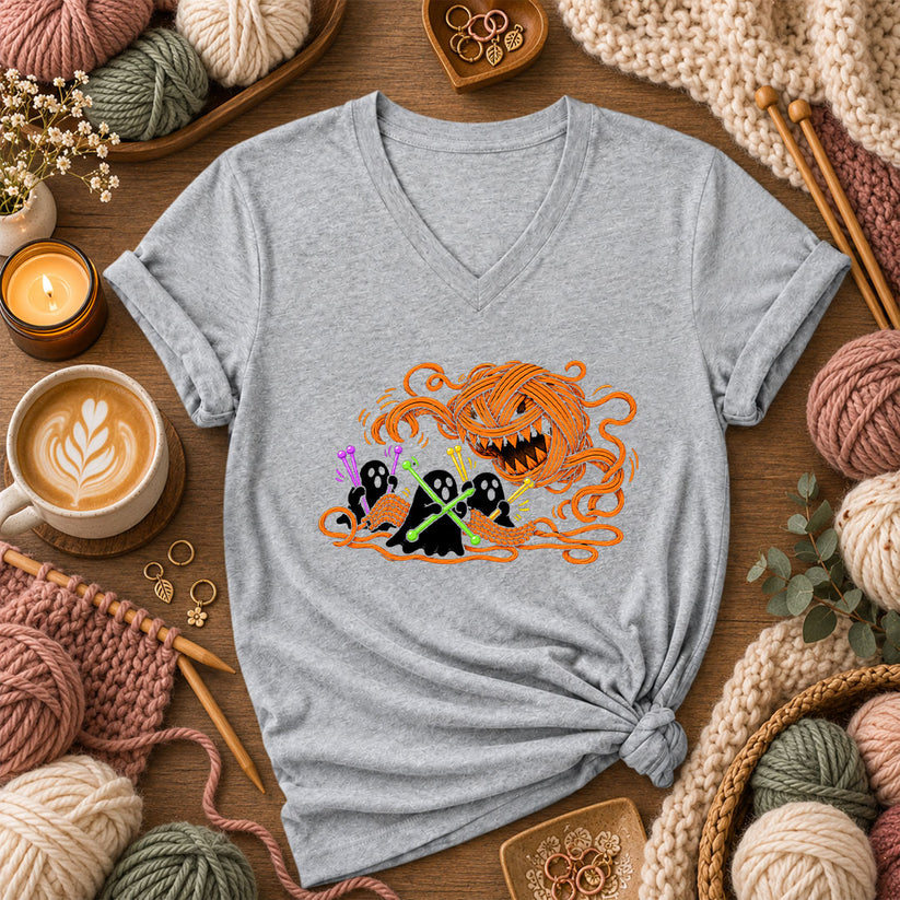 Spooky Pumpkin Yarn Monster Ghosts Women's V-Neck - Athletic Heather