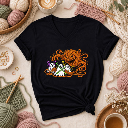 Spooky Pumpkin Yarn Monster Ghosts Women's V-Neck - Black