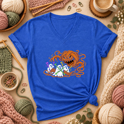 Spooky Pumpkin Yarn Monster Ghosts Women's V-Neck - Heather True Royal
