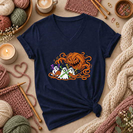 Spooky Pumpkin Yarn Monster Ghosts Women's V-Neck - Navy