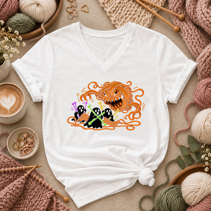 Spooky Pumpkin Yarn Monster Ghosts Women's V-Neck - White