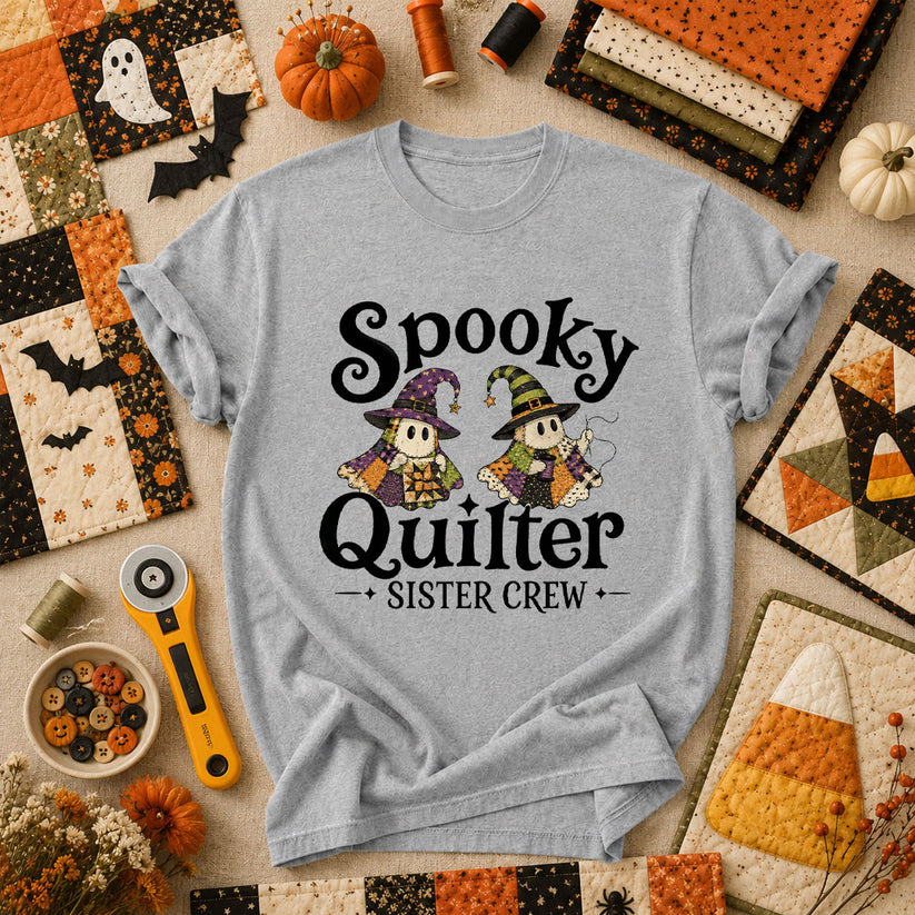 Spooky Quilter Sister Crew Ghost T-Shirt - Athletic Heather