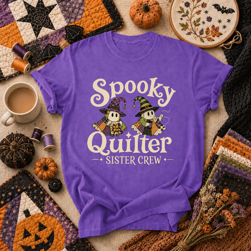 Spooky Quilter Sister Crew Ghost T-Shirt - Heather Team Purple