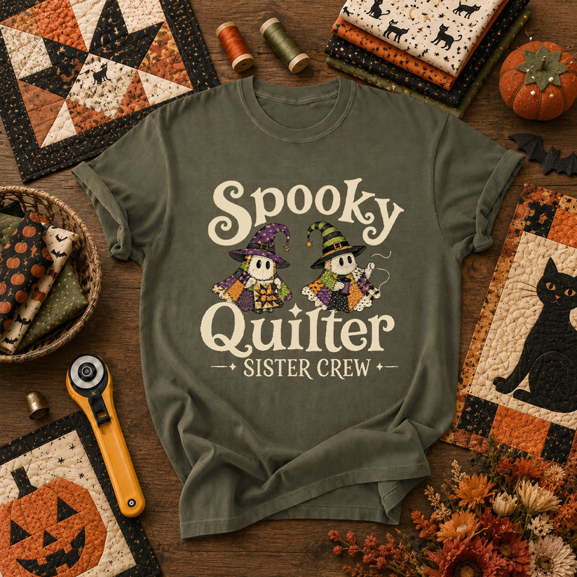 Spooky Quilter Sister Crew Ghost T-Shirt - Military Green
