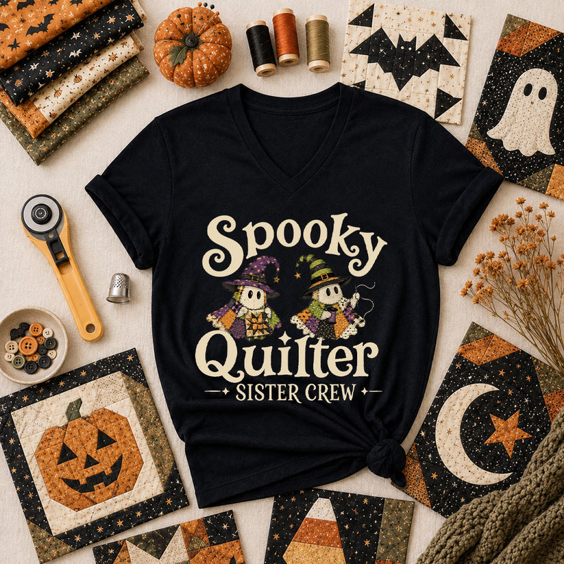 Spooky Quilter Sister Crew Ghost Women's V-Neck - Black
