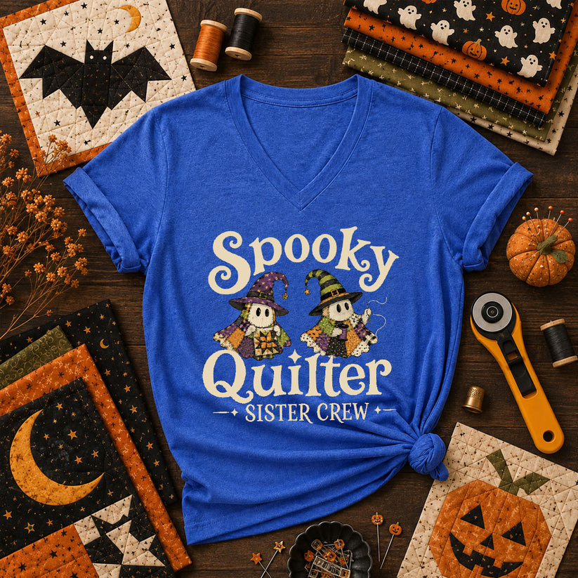 Spooky Quilter Sister Crew Ghost Women's V-Neck - Heather True Royal