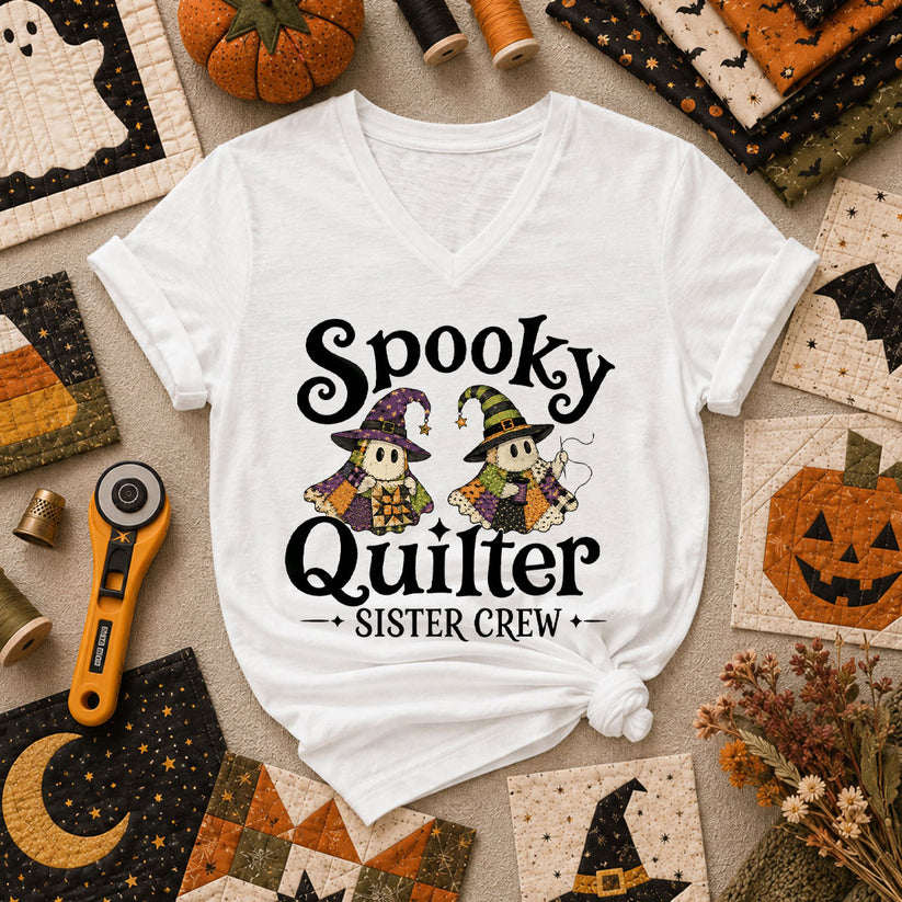 Spooky Quilter Sister Crew Ghost Women's V-Neck - White