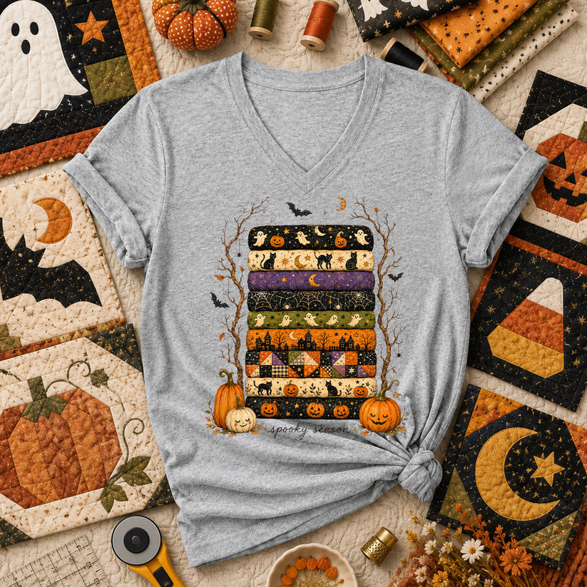Spooky Season Halloween Fabric Stack Women's V-Neck - Athletic Heather