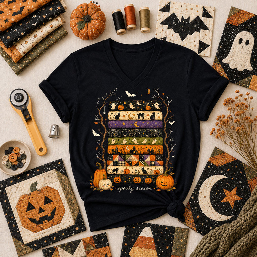 Spooky Season Halloween Fabric Stack Women's V-Neck - Black