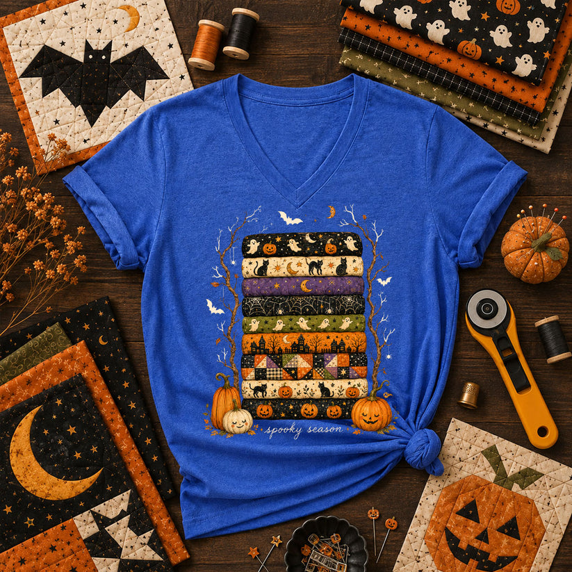 Spooky Season Halloween Fabric Stack Women's V-Neck - Heather True Royal