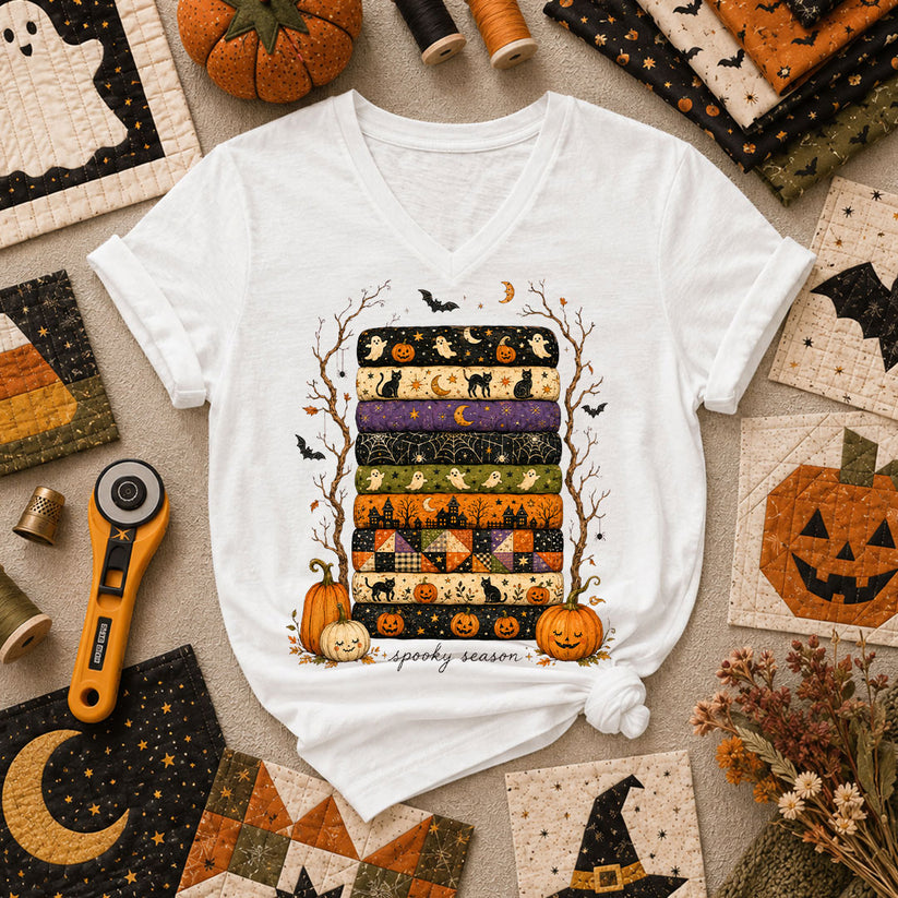 Spooky Season Halloween Fabric Stack Women's V-Neck - White