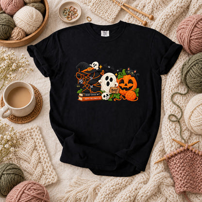 Spooky Stitches Happy Halloween Knit T-Shirt - Black