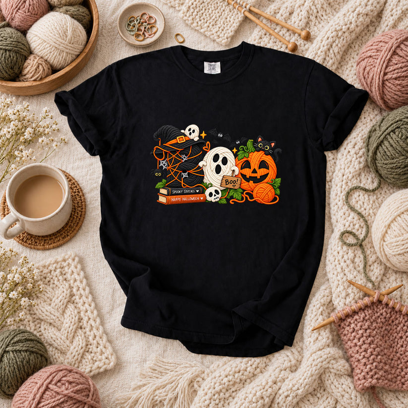 Spooky Stitches Happy Halloween Knit T-Shirt - Black