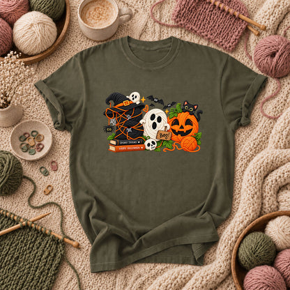 Spooky Stitches Happy Halloween Knit T-Shirt - Military Green