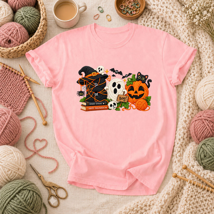 Spooky Stitches Happy Halloween Knit T-Shirt - Pink