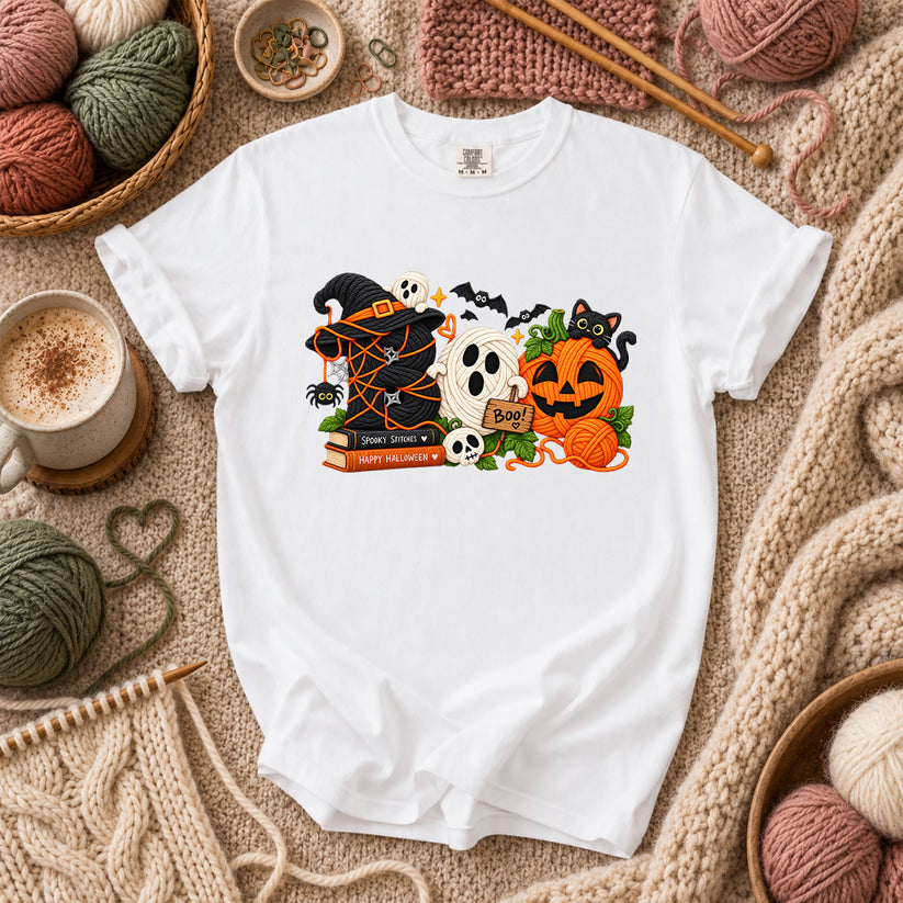 Spooky Stitches Happy Halloween Knit T-Shirt - White