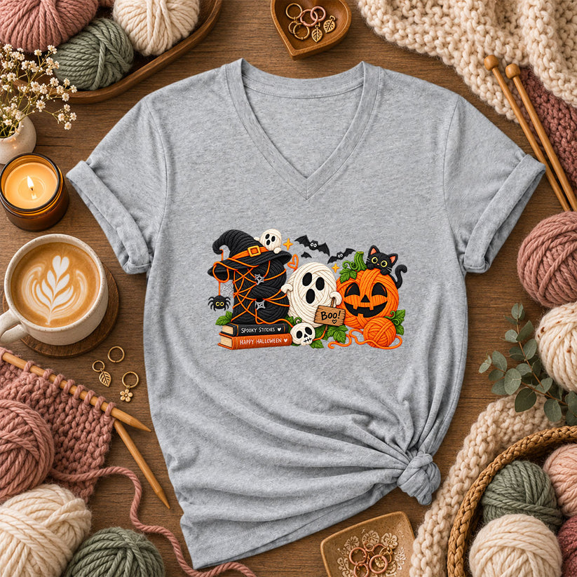 Spooky Stitches Happy Halloween Knit Women's V-Neck - Athletic Heather