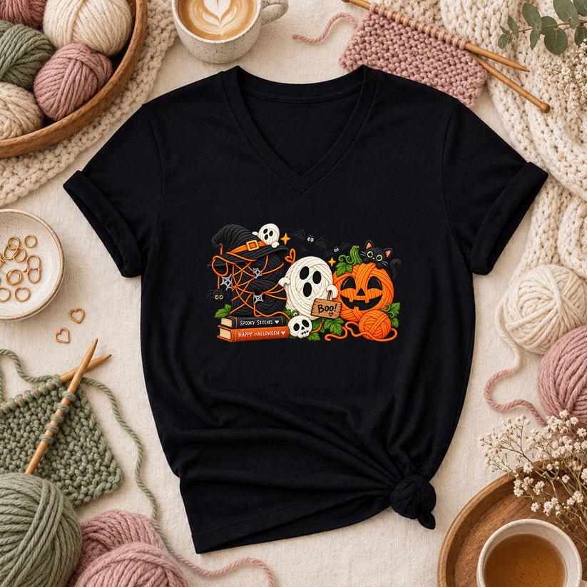 Spooky Stitches Happy Halloween Knit Women's V-Neck - Black