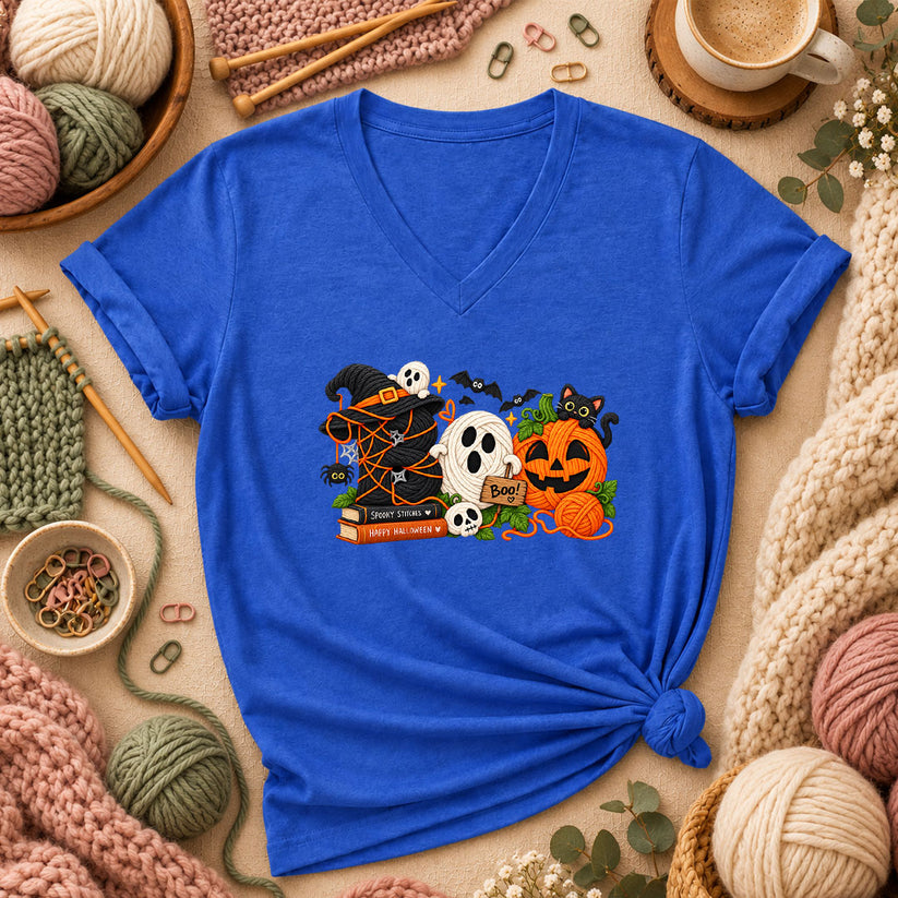Spooky Stitches Happy Halloween Knit Women's V-Neck - Heather True Royal
