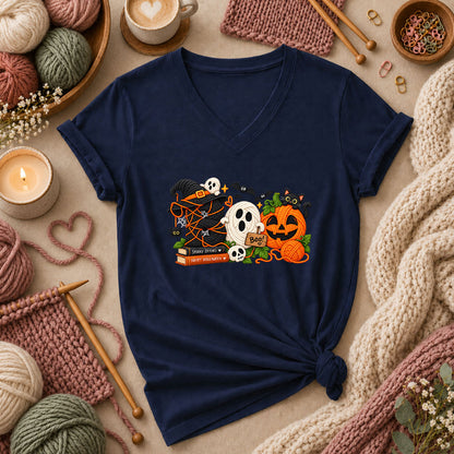 Spooky Stitches Happy Halloween Knit Women's V-Neck - Navy