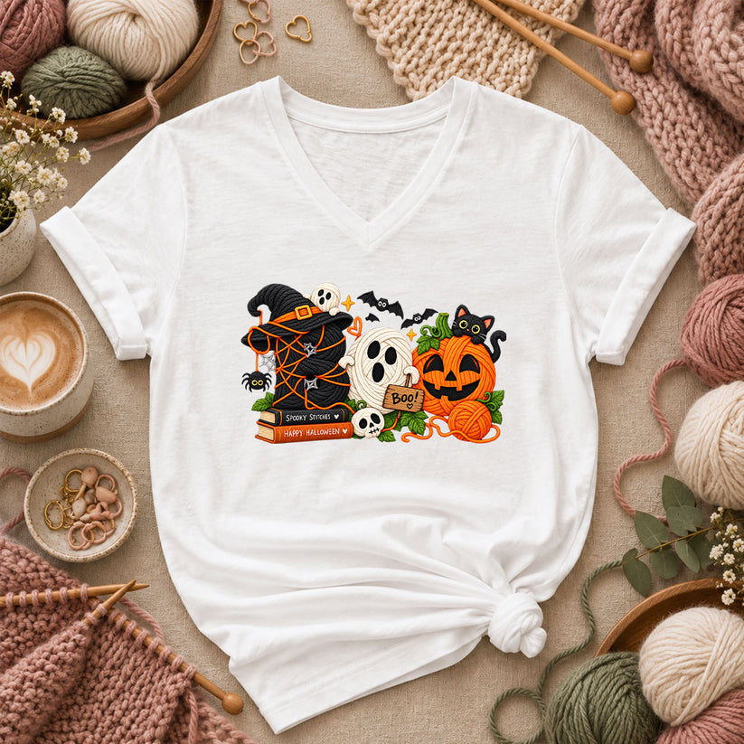 Spooky Stitches Happy Halloween Knit Women's V-Neck - White