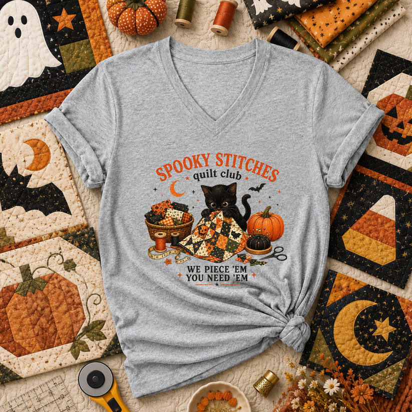 Spooky Stitches Quilt Club Women's V-Neck - Athletic Heather
