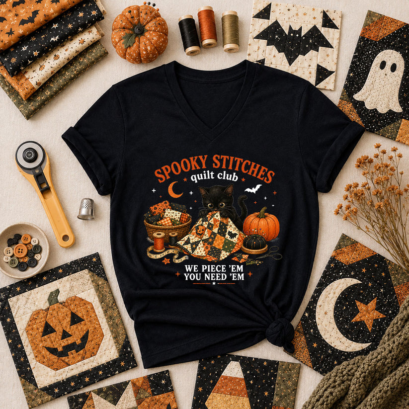 Spooky Stitches Quilt Club Women's V-Neck - Black