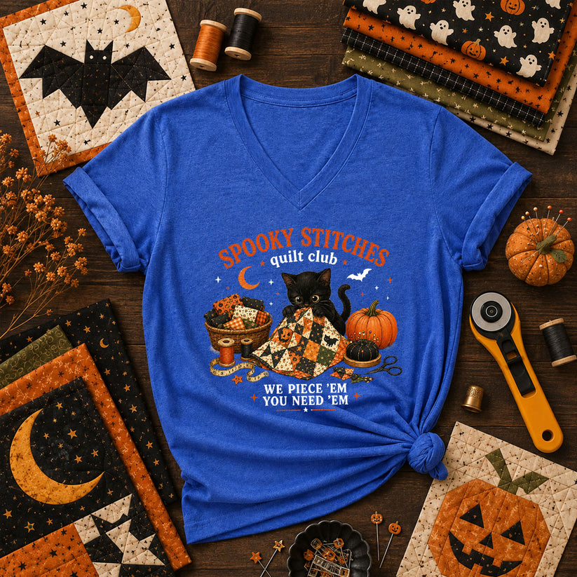 Spooky Stitches Quilt Club Women's V-Neck - Heather True Royal