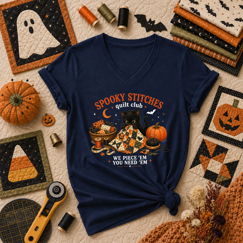 Spooky Stitches Quilt Club Women's V-Neck - Navy