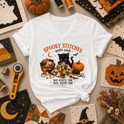 Spooky Stitches Quilt Club Women's V-Neck - White