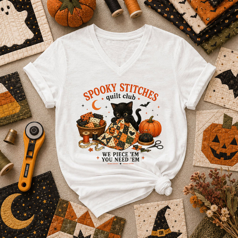 Spooky Stitches Quilt Club Women's V-Neck - White