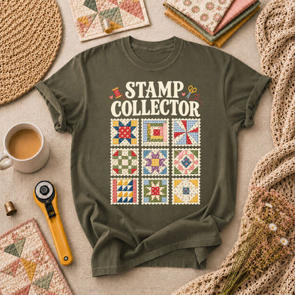 Stamp Collector Quilt Blocks T-Shirt - Military Green