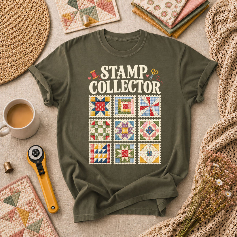 Stamp Collector Quilt Blocks T-Shirt - Military Green