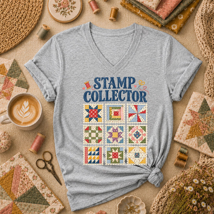 Stamp Collector Quilt Blocks Women's V-Neck - Athletic Heather