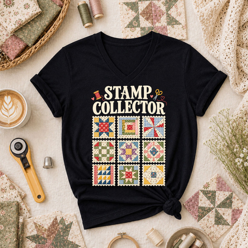Stamp Collector Quilt Blocks Women's V-Neck - Black