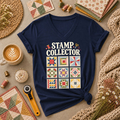 Stamp Collector Quilt Blocks Women's V-Neck - Navy