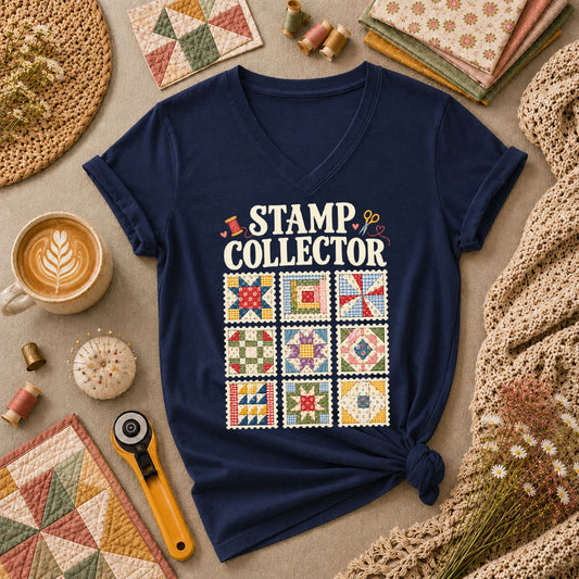 Stamp Collector Quilt Blocks Women's V-Neck - Navy